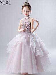 Bling Beaded Crystal Flower Girls Dresses For Teens Tulle Lace Floor Length Beach Girl Pageant Party Gowns Tutu Skirt Formal Kids Wear 403