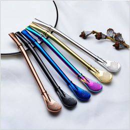 Flatware Sets 304 Stainless Steel Straw Spoon Dual-use Colour Metal Mate Tea Gold Coffee Philtre FlatwareFlatware