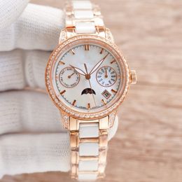 Fashion Classic Women's Watch 35mm 9100 Moon Phase Function Mechanical Movement Sapphire Mirror Ceramic Band Life Water Resistant 100 Metres High Quality