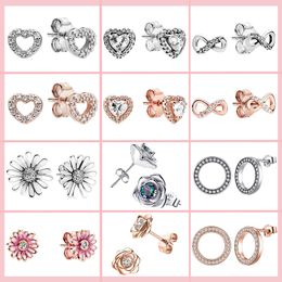 Stud Sterling Silver Earrings Heart-shaped Rose Daisy Series Earring For Women Fit Original Charms Jewellery Making GiftStud