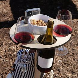 wooden racks UK - Outdoor Wine Table With Foldable Round Desktop Mini Wooden Picnic Easy To Carry Rack 5 Style Choose Support Whole Camp Furnitu292R