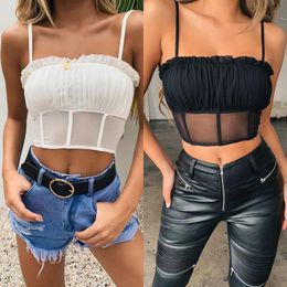 Women's Tanks & Camis Summer Women's Sexy Chiffon Tank Crop Top Sleeveless Vest Off Shoulder Camisole Spaghetti Strap Ruched Tops Clothe