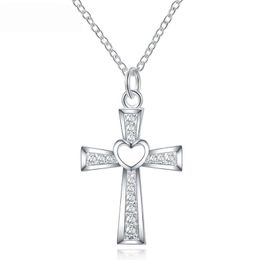 925 Sterling Silver Cross AAA Zircon Heart Necklace For Women Fashion Wedding Party Charm Jewelry