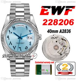 EWF Day Date 228206 ETA A2836 Automatic Mens Watch Fluted Bezel Ice Blue Arabic Script Numerals Dial Presidential Bracelet Same Serial Card Super Edition Puretime A1