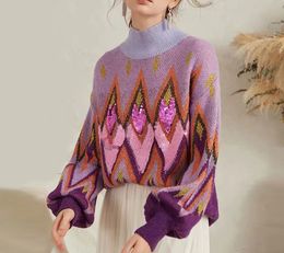 Women's Sweaters Eliasha Purple Sequin Embroidered Lazy Pullovers Women Vintage Long Sleeve Turtleneck Autumn Winter Knitted Warm JumperWome