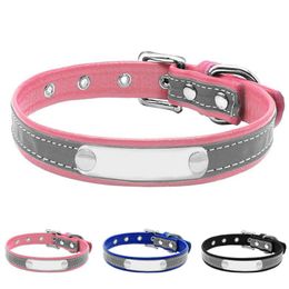 Dog Collars & Leashes Reflective Leather Collar Tag Girl Boy Cat Kitten Puppy Small Medium AdjustableDog