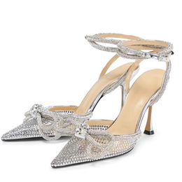 Mach Glitter Bowties scarpe col tacco alto Décolleté con strass impreziositi in cristallo Scarpe da sera Bobina in PVC Sandali con tacco cinturino alla caviglia da donna Designer di lusso Scarpe eleganti