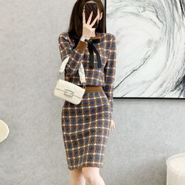 Women's long sleeve two piece dress o-neck plaid print bow patched sweater and knee length pencil skirt twinset