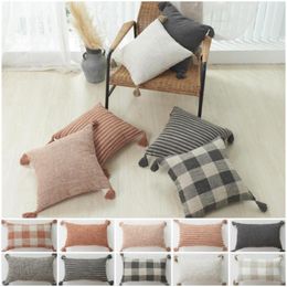 Cushion/Decorative Pillow 30X50/45X45CM Yarn Dyed Cotton Linen Tasselled Cushion Cover Plaid Stripes Geometry Pillowcase Cojines Decorativos