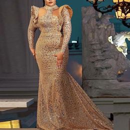 Gillter Gold Sequined Mermaid Prom Dresses 2023 Aso Ebi Arabia Long Sleeves Robe De Soiree Sparkly Women Party Dress Sweep Train