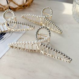 Crystal Pearl Cross Hair Clamps Clips Women Alloy Ribbon Large Hair Claws Beads Mixed Spliced Hairpins Female Scrunchies Ponytail Headdress Ornaments Length 11.2 CM