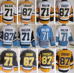 Men Hockey Vintage Retro 71 Evgeni Malkin Jersey 87 Sidney Crosby Embroidery And Sewing Home Black White Blue Yellow Away For Sport Fans