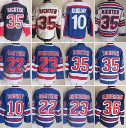 Men Hockey Vintage Retro 10 Ron Duguay Jersey 22 Mike Gartner 23 Jeff Beukeboom 36 Glenn Anderson 35 Mike Richter 75th Anniversary Blue