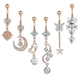 6pcs/set Women Crystal Zircon Moon Heart Dangle Navel Piercing Belly Ring Body Jewellery