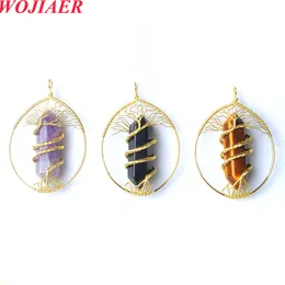 WOJIAER Tree of Life Pendant Natural Stone Gold Color Wire Wrapped Crystal For Jewelry Making Necklace BO966