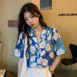 Men's Casual Shirts Summer Sweet Style Floral Pirnt Women's Blouse Short Sleeve Shirt Oversize Ladies Tops Loose Button Up Female Clothi