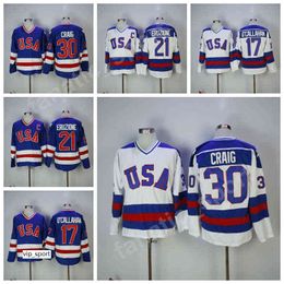 Hot 1980 USA Hockey Jerseys 17 Jack Ocallahan 30 Jim Craig 21 Mike Eruzione Jersey Men Sale Team Color Blue White Stitched