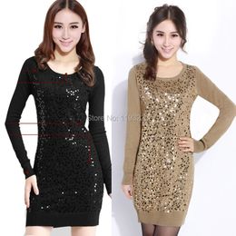 Casual Dresses Women Lady Sexy Sequins BlingBling O Neck Bodycon Long Sleeve Knitted Knitwear Sweater Dress Shirts Mini DressCasual