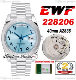 EWF Day Date 228206 ETA A2836 Automatic Mens Watch Polished Bezel Ice Blue Arabic Script Dial Presidential Bracelet Same Serial Card Super Edition Puretime B2