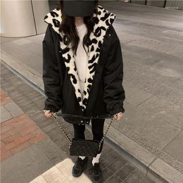 Women's Fur & Faux Double Side Winter Women Jacket Plus Size Cute Jackets Cow Leopard Print Turn-down Collar Coat Overcoat Korean Black