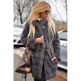 Women's Fur & Faux Fashion Real Coats Woman Winter Grey Colour Stand Collar Natural Mink Coat For Women Overcoat 2022Women's