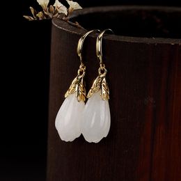 Dangle & Chandelier Natural 925 Sterling Silver Inlaid Hetian Jade Earrings White Ladies Temperament Magnolia Flower Women EarringsDangle