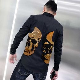 Men's Casual Shirts Personalized Non-Iron Anti-Wrinkle Men's Shirt Slim Long Sleeve Super Shiny Diamond Double-Sided Skull Exaggerated D