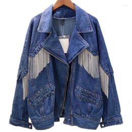 Women's Jackets 2022 Spring Autumn Women Loose Chain Tassel Denim Jacket Blue Students Casual Zipper Jeans Coat