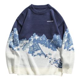 Pull Homme Long Snow Mountain Sweater Men Winter Warm Cute Kawaii Blue Black Knitted Pullover Outsized Mens Sweaters 220822