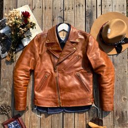 YRHigh quality natural leather classic rider style jacketfashion slim oil cowhide coatVintage leather cloth 220819