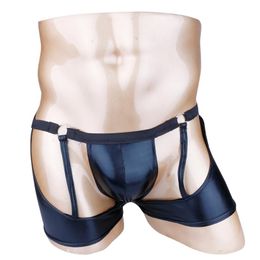 Underpants Mens Hollow Out Bulge Pouch Boxer Shorts O-rings Strings Connected WaistbandUnderpants Latex Patent Leather Open BuUnderwearUnder