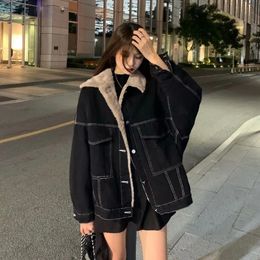 Womens Jackets Plus Velvet Denim Winter Warm Thick Cotton Coat Korean Loose Fur Collar 220829