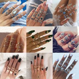 Boho Geometric Crown Star Moon Ring Set Fashion Vintage Gold Silver Crystal Love Jewelry