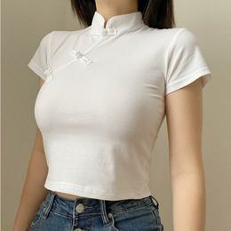 chinese style shirts women UK - Women's T-Shirt Summer Short Sleeve Cheongsam Oblique Buckle Slim Stand Collar Top Vintage Chinese Style Women White YIFXWomen's