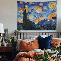 Bohemian Aesthetic Room Wall Decor Carpet Hanging Mediterranean Van Gogh Painting Teenager Indie Bedroom Decoration Mural J220804