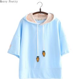 Women's T-Shirt Women's Hooded T Shirts Cartoon Embroidery With Ears On Hood Cotton Shirt 2022 Spring Femme Short Sleeve Harajuku Tops T