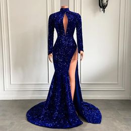 Party Dresses Real Long Sleeve Prom 2022 Sexy High Neck Side Slit Sparkly Royal Blue Black Girls Mermaid Gala GownsParty