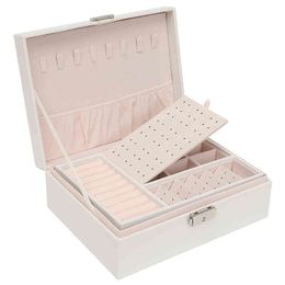 Two-layer Leather Jewellery Box Organiser Earrings Rings Necklace Storage Case with Lock Women Girls Gift
