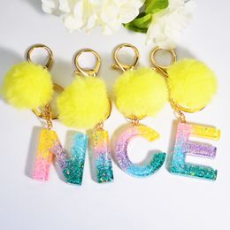 Gold Colour Foil Letter Keychains Resin Key Chains Rings Charms 26 Alphabets English Pompom Keyring Bag Gifts