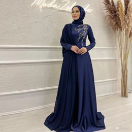 Элегантные вечерние платья хиджаба. Мусульманское выпускное платье с атласом с длинным рукавом и шифоновой исламской манти