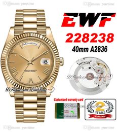 EWF Day Date 228238 ETA A2836 Automatic Mens Watch Yellow Gold Fluted Bezel Champagne Roman Dial Presidential Bracelet Same Serial Card Super Edition Puretime F6