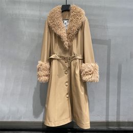 Womens Long Trench Coat Genuine Sheepskin Leather Jacket Real Mongolian Lamb Fur Collar Cuff Lady Fashion Outerwear GT3719 220822