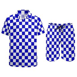 Men's Tracksuits Checkerboard Pattern Men Sets Blue And White Checker Casual Shorts Summer Hawaii Vacation Shirt Set Short-Sl267w