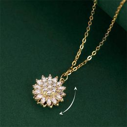 Exquisite Rotating Sunflower Pendant Necklaces For Women Luxury Shiny Zircon Leaf Dragonfly Choker Clavicle Chain Korean Jewelry