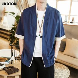 JDDTON Summer Men's Linen Kimono Long Cardigan Outerwear Coats Fashion Streetwear Short Loose Male Jackets Casual Overcoat JE005 220822