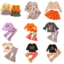 2022 New Styles Halloween Clothes Set Baby Girls Long Short Sleeve Floral Stripe Leopard Bell-bottoms Pants Be Kind Wild Child Set Kids Clothing