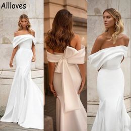 Jardim moderno cetim boho vestidos de casamento com arco traseiro exclusivo fora do ombro ruched simples elegante sereia vestido de noiva tribunal trem moda robes de mariee cl0936