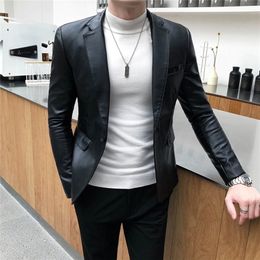 Autumn Faux PU Leather Suit Jacket Men Korean Trendy Slim Fit White Red Black Fashion Streetwear Blazer Coat Male 220822