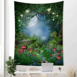 Green Forest Tapestry Psychedelic Mushroom Background Wall Hanging Nature Landscape Woods Boho Home Decor J220804