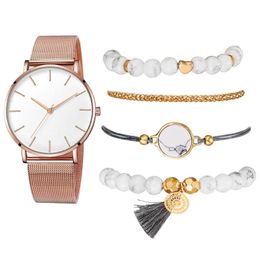 stainless mesh Australia - Wristwatches Women Fashion 5-piece Set Bracelet Quartz Watch Luxury Rose Gold Stainless Steel Mesh Ladies Relogio FemininoWristwatches